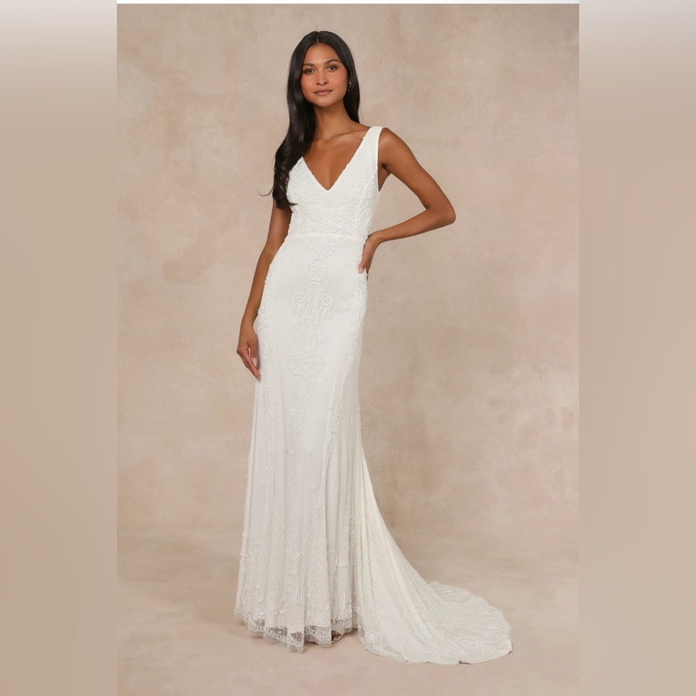Passionate Romance White Beaded Sequin Mermaid Maxi Dress XL 14 16